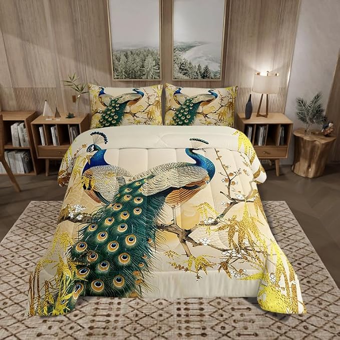 Castle Fairy Vintage Peacock Bedding Set King Size Japanese Style Comforter Set for Kids Teens Room Decor Wild Birds Animal Duvet Insert Golden Leaves Down Comforter Set with 2 Pillowcases