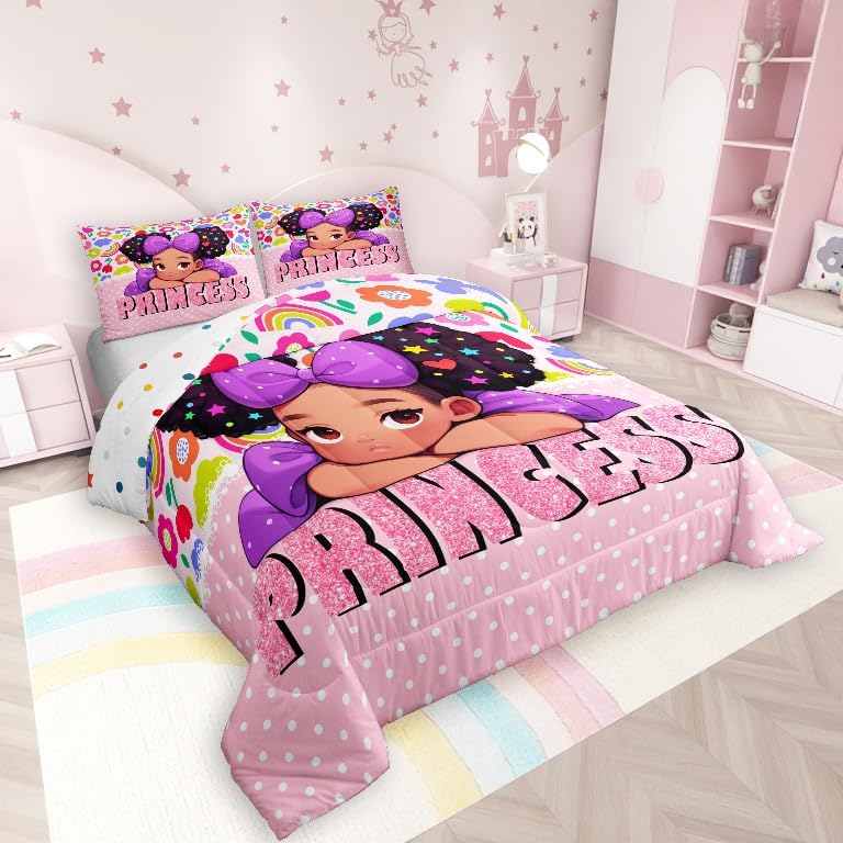 Black Pink Girl Comforter Set King Size,Princess Girls Pink Diamond Glitter Bedding Set 3Pcs,Cute African Theme Americans Quilt Set Women Teens Cartoon Colorful Flower Duvet Insert,2 Pillowcases