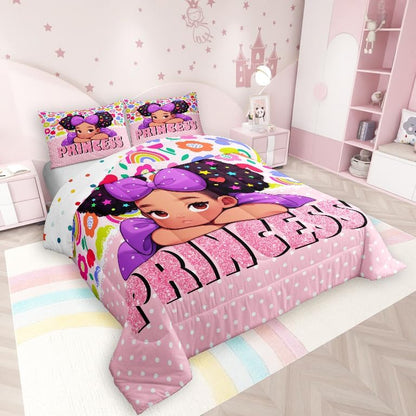 Black Pink Girl Comforter Set King Size,Princess Girls Pink Diamond Glitter Bedding Set 3Pcs,Cute African Theme Americans Quilt Set Women Teens Cartoon Colorful Flower Duvet Insert,2 Pillowcases