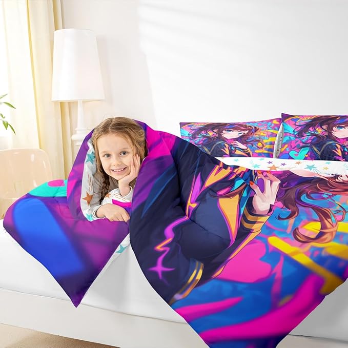 Erosebridal Anime Girl Queen Comforter Set, Japanese Anime Bedding Set for Kids Girls Teens Adult Bedroom, Cartoon Girl Bedding Comforter Sets Kawaii Japanese Animation Quilt 3 Piece, Purple