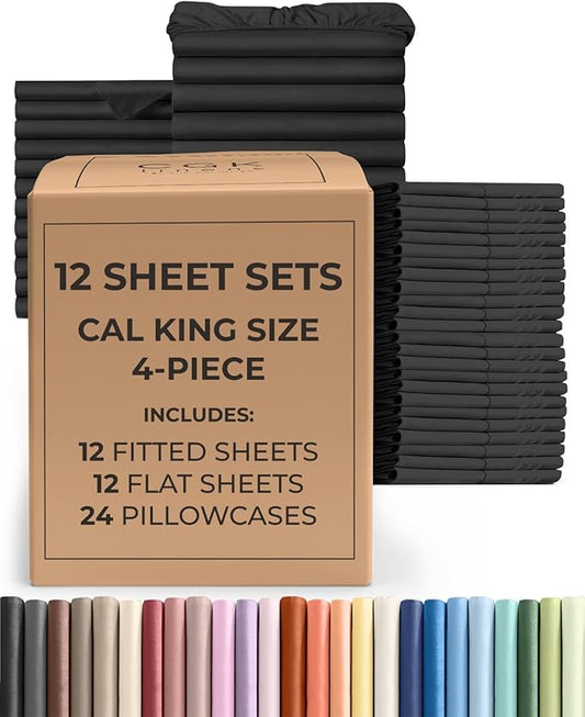 Bulk Case Pack of 12 Sheet Sets - (12) Complete Sheet Sets - Bulk Cal King Bedding - Wholesale Case Pack for Hotels, Spa & Airbnbs - Deep Pocket & Wrinkle Free - Cooling & Breathable - Cal King, Black