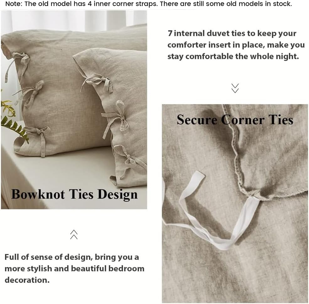 Simple&Opulence 100% Linen Duvet Cover Set 3pcs with Bowknot Ties Closure Natural French Washed Flax Solid Color Soft Breathable Farmhouse Bedding - Linen, King Size