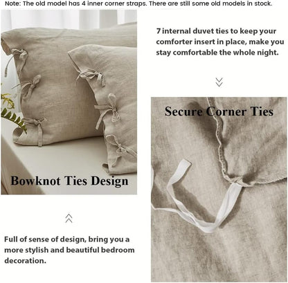 Simple&Opulence 100% Linen Duvet Cover Set 3pcs with Bowknot Ties Closure Natural French Washed Flax Solid Color Soft Breathable Farmhouse Bedding - Linen, King Size
