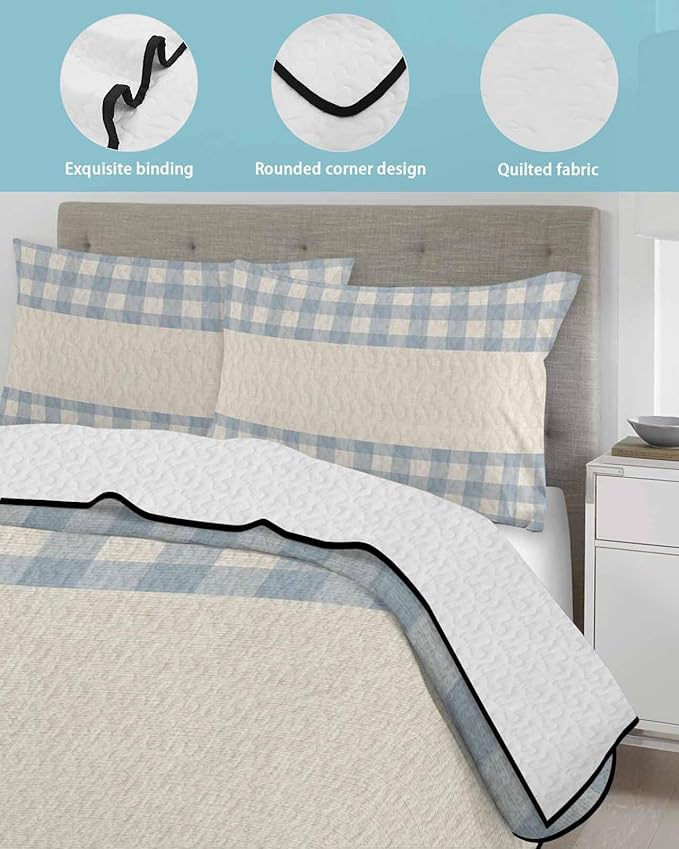 Twin Quilt Bedding Set, Retro Blue Lightweight Summer Quilt 3 Pieces Bedding Sets, Farmhouse Buffalo Plaid Vintage Beige Reversible Soft Bedspreads Coverlets with 2 Pillow Shams for All Season