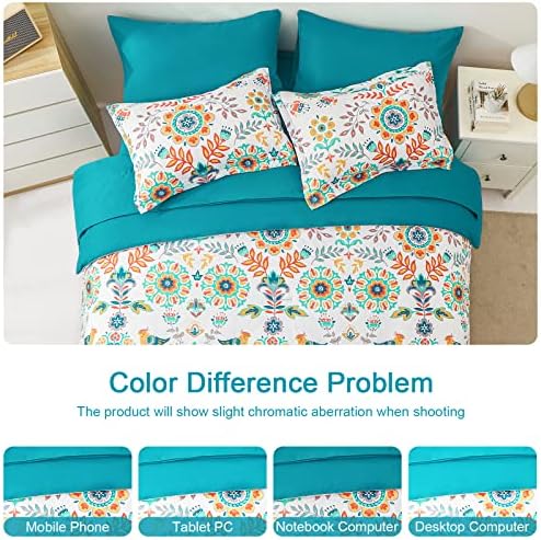 DHSFKBE Boho Comforter Set Queen - 7 Pieces Bed in a Bag Floral Medallions Design, Bohemian Comforter Set with Sheets, Soft Microfiber Complete Bedding Sets All Season (Teal Blue, Queen)