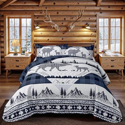 3 Piece Cabin King Size Quilt Sets Farmhouse Rustic Reversible Microfiber Soft Lightweight Bedspread Comforter with 2 Shams Patchwork Country Lodge Bedding Quilts Set for All Season, 106''x96'', Blue
