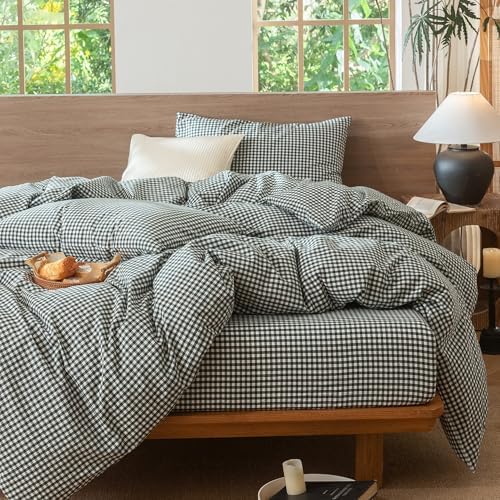 MooMee Gingham Duvet Cover Set 100% Washed Cotton Linen Like