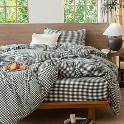 MooMee Gingham Duvet Cover Set 100% Washed Cotton Linen Like