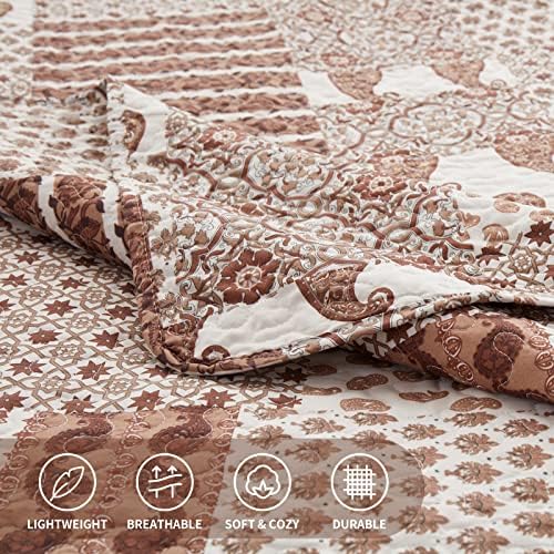 LEAONME Quilt Set King Size 3 Piece Bedspread Coverlet Lightweight Comforter Microfiber Reversible Bedding Set for All Season Oversized 98x106 Inch Bed Cover Paisley Brown (1 Quilt, 2 Pillow Shams)