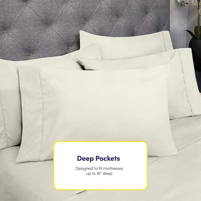 Queen Sheets Ivory - 6 Piece 1500 Supreme Deluxe Collection Deep Pocket Ultra Soft Queen Sheet Set Bedding - 2 Extra Pillow Cases, Great Value, Queen, Ivory