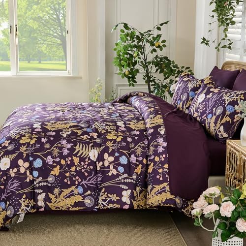Purple Floral Comforter Set Queen Size, 7 Piece Botanical Comforter Bedding