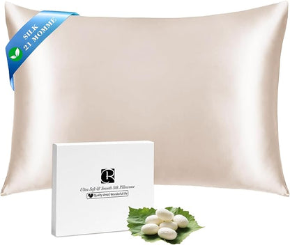 Ravmix Silk Pillow Cases with Zipper, 21momme Mulberry Silk Pillowcase for Hair Skin Health, Soft Smooth Breathable Cool Pillow Cover for Beauty Sleep with Gift Box 1PC(King 20"x36", Beige)
