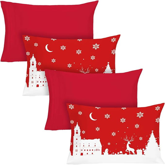 YIYEA Christmas King Size Pillow Cases Set of 4, Ultra Soft Double Brushed Microfiber Red Pillowcases and Christmas Pillow Covers, Envelope Closure, Fade Resistant (20"x36")