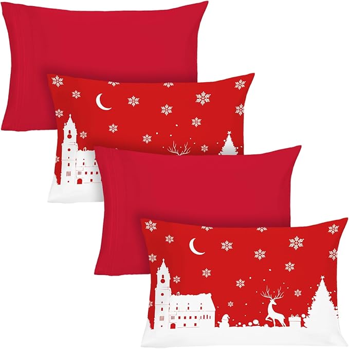 YIYEA Christmas Pillow Cases Standard Size Set of 4, Ultra Soft Double Brushed Microfiber Red Pillowcases and Christmas Pillow Covers, Envelope Closure, Fade Resistant (20"x26")