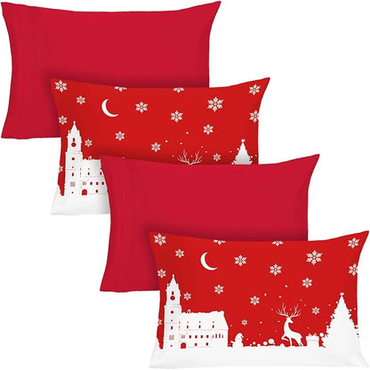 YIYEA Christmas Pillow Cases Queen Size Set of 4, Ultra Soft Double Brushed Microfiber Red Pillowcases and Christmas Pillow Covers, Envelope Closure, Fade Resistant (20"x30")