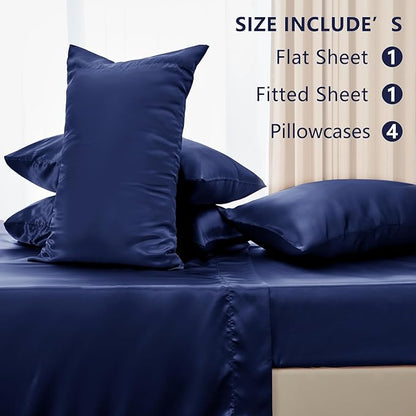 CozyLux Satin Sheets Full Size Sheets - 6 Piece Silky Full Size Bed Sheets, Luxury Navy Blue Full Bed Set with Smooth and Soft Microfiber, Includes 1 Fitted Sheet, 1 Flat Sheet and 4 Pillowcases
