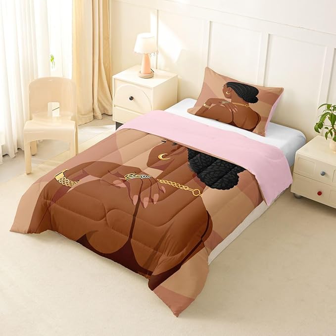 Erosebridal Fashion Black Woman Comforter Set Toddler 2 Piece Romantic Makeup Themed Girls Bedding Set Fashionable Gorgeous Down Comforter Vogue Afro Girls Duvet Insert for Kids Teens Adult Bedroom