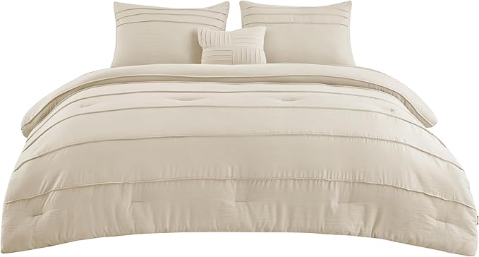 Bedsure Twin Comforter Set - 3 Pieces Pinch Pleat Bed Set, Linen Boho Bedding for All Season, 1 Soft Comforter, 1 Pillowcase, 1 Decorative Pillow