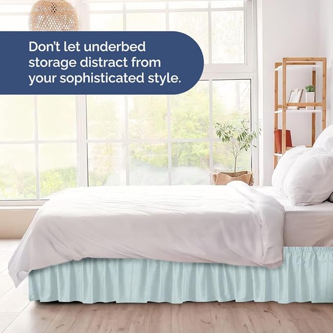 Wrap Around Dust Ruffle Bed Skirt - Ice Blue - for Queen Size Beds w/ 15 Inch Drop - Easy Fit Elastic Strap - Adjustable Pleated Bedskirt w/Brushed Fabric - Wrinkle Free - Women, Men, Kids & Teens