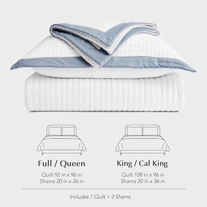 EVERGRACE Cotton Border Frame Tack-Stitch Quilt Bedding Set Queen Size, Coastal Oversized 3 Pieces Lightweight Bedspread Coverlet for All Season, with 2 Matching Shams, Blue Linen