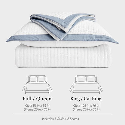 EVERGRACE Cotton Border Frame Tack-Stitch Quilt Bedding Set Queen Size, Coastal Oversized 3 Pieces Lightweight Bedspread Coverlet for All Season, with 2 Matching Shams, Blue Linen