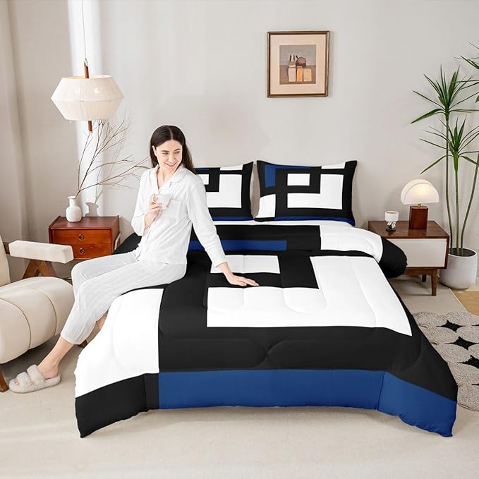 Erosebridal Blue Black and White Striped Twin Bedding Sets for Adult Women Men Square Abstract Comforter Set Modern Geometric Stripes Bold Lines Quilt Set Minimalist Plaids Bed Collections