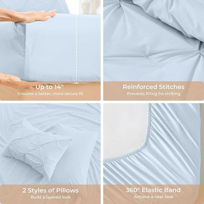 Sasttie King Size Comforter Set, 7-Piece Bed in a Bag, Pintuck Bedding Sets for All Season, Includes Comforter, Flat Sheet, Fitted Sheet, Pillowcases and Pillowshams, Light Blue