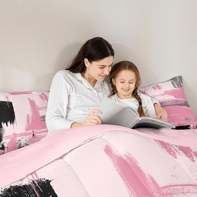 Erosebridal Abstract Pink Comforter Set Toddler Size Girly Black and Pink Comforter Set for Teens Girls Kids Geometric Modern Bedding Sets Minimalists Modern Striped Art Bed Sets for Women Men