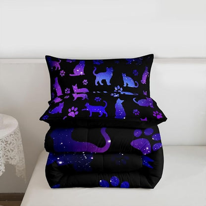 Erosebridal Cat Comforter Set Queen Lovers Bedding Cats Cartoon Silhouette Purple Blue Reversible Black Ombre Down Neon Pets Animal Paw Print Galaxy Slitter Stars Quilt For Kids Boys Girls,Multi 361