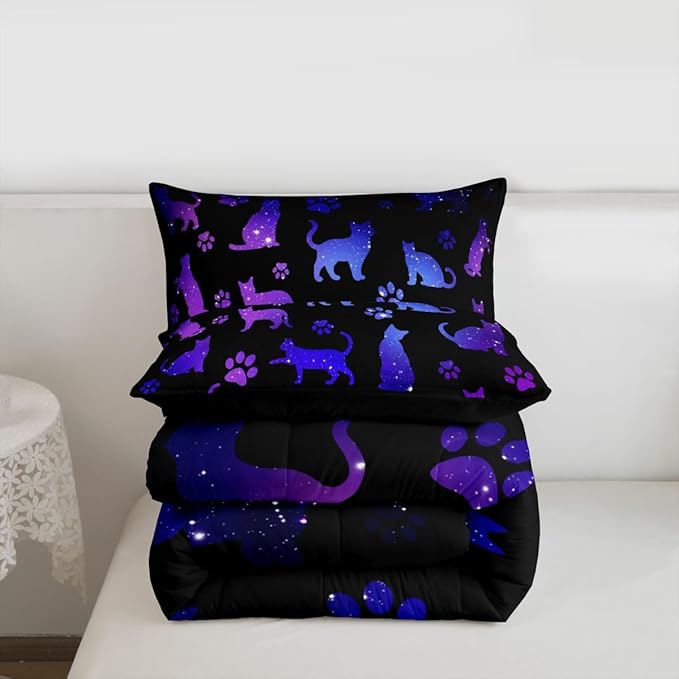 Cat Comforter Set Full Cat Lovers Bedding Cats Cartoon Silhouette Purple Blue Reversible Black Ombre Bedding Comforter Sets Neon Pets Animal Paw Print Galaxy Slitter Stars Quilt For Kids Boys Girls