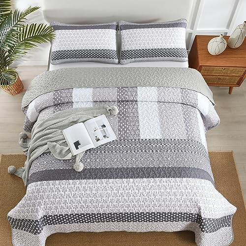 WONGS BEDDING Grey Queen Size Quilt Set, Boho Striped Bedspread