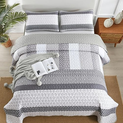 WONGS BEDDING Grey Queen Size Quilt Set, Boho Striped Bedspread