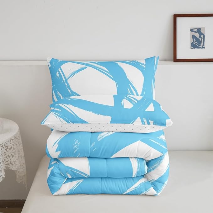 Erosebridal Blue and White Abstarct Queen Comforter Set for Adult Women Men, Geometric Striped Bedding Set for Minimalists,Graffiti Aesthetic Lines Quilt,Contemporary Boho Modern Art Duvet Insert