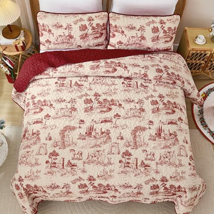 Drucon Queen Red Quilt Set,Christmas Toile Lightweight Bedspreads Coverlet Bedding Set,Soft Microfiber Quilt Bed Cover for All Season - 3 Piece (1 Quilt,2 Pillow Shams)