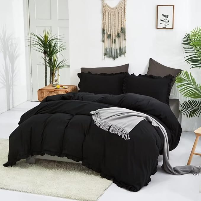 CLOTHKNOW Black King Size Comforter Set 3Pcs Ruffle Bedding Comforter Sets Soft Shabby Chic Farmhouse Comforter with 2 x Pillowcases