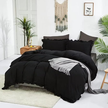 CLOTHKNOW Black Comforter Set California King 3Pcs Ruffle Bedding Comforter Sets Farmhouse Shabby Chic Comforter with 2 x Pillow Cases