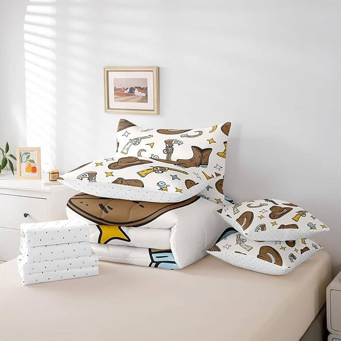 Erosebridal Cowboy Hat Men Bed in a Bag King Size Comforter Set 7 Pieces,Cowboy Boots Bedding Sets Hunting Western Decor Sheet Set with Comforter