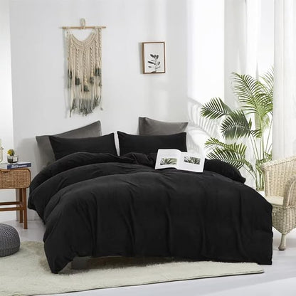 CLOTHKNOW Black California King Comforter Set Velvet Bedding Comforter Sets Soft Flannel Comforters Black Comforter with 2 x Pillow Cases