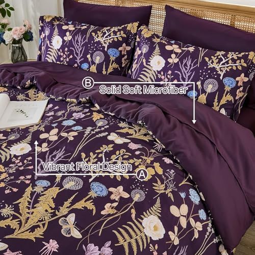 Full Size Comforter Set, Dark Purple Floral Bedding Comforter Set 7 Piece