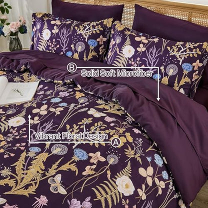 Full Size Comforter Set, Dark Purple Floral Bedding Comforter Set 7 Piece