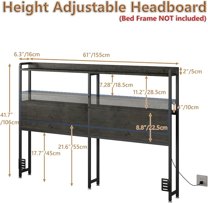 METYERRY Headboard for Queen Size Bed Frame with Storage, Height Adjustable, Headboards with Outlets, USB Ports, Type-C, LED Light, Sturdy and Stable Headboard, Black Oak,Bed Frame NOT Included