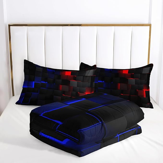Red and Blue Checkered Comforter Set Queen Honeycomb Bedding Sets 3PCS for Kids Teen Adult Boy Room Decor Ultra-Soft Lightweight Microfiber 1 Comforter with 2 Pillowcases