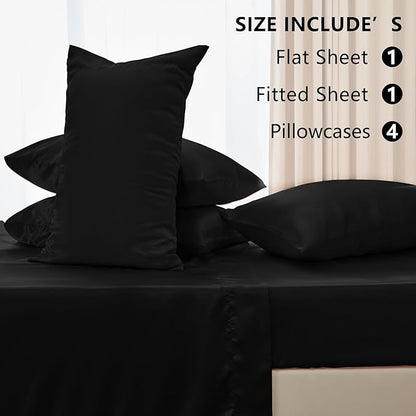 CozyLux Satin Sheets Full Size Sheets - 6 Piece Silky Full Size Bed Sheets, Luxury Black Full Bed Set with Smooth and Soft Microfiber, Includes 1 Fitted Sheet, 1 Flat Sheet and 4 Pillowcases