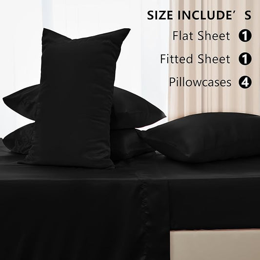 CozyLux Satin Sheets Full Size Sheets - 6 Piece Silky Full Size Bed Sheets, Luxury Black Full Bed Set with Smooth and Soft Microfiber, Includes 1 Fitted Sheet, 1 Flat Sheet and 4 Pillowcases