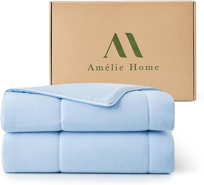 Amélie Home Cooling Comforter Twin Size, Dual-Sided Lightweight Cooling Blanket for Hot Sleepers, Q-Max 0.43 Breathable Cooling Quilt for Night Sweats, 68" x 90", Heather Ice Blue