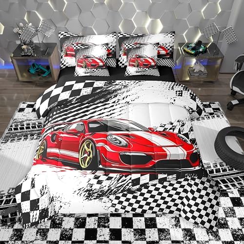 jejeloiu Red Race Car Comforter Set with Sheets 7 Piece Twin Size