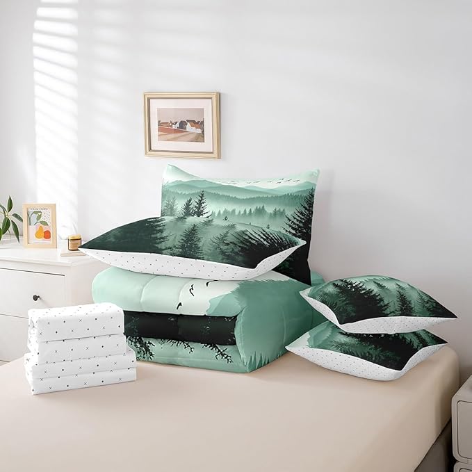 Erosebridal Olive Green Twin Comforter Set with Sheets 7 Piece Mountain Pine Tree Forest Bed in A Bag Rustic Woodland Nature Landscape Bedding Sets for Kids Adults,Soft Lightweight Bed Set
