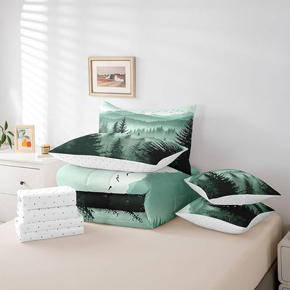 Erosebridal Olive Green King Comforter Set with Sheets 7 Piece Mountain Pine Tree Forest Bed in A Bag Rustic Woodland Nature Landscape Bedding Sets for Kids Adults,Soft Lightweight Bed Set