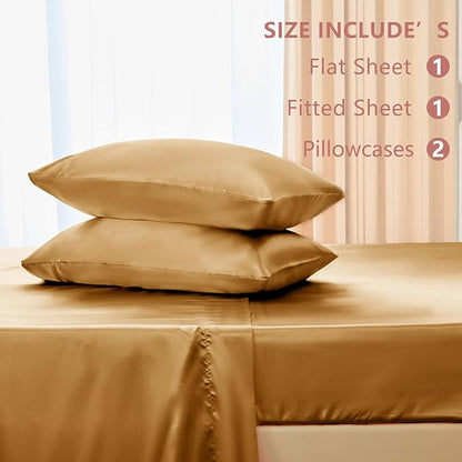 CozyLux Satin Sheets Queen Size Bed Set - 4 Piece Silky Queen Sheet Set, Luxury Gold Queen Sheets with Smooth and Soft Microfiber, Includes 1 Fitted Sheet, 1 Flat Sheet and 2 Pillowcases