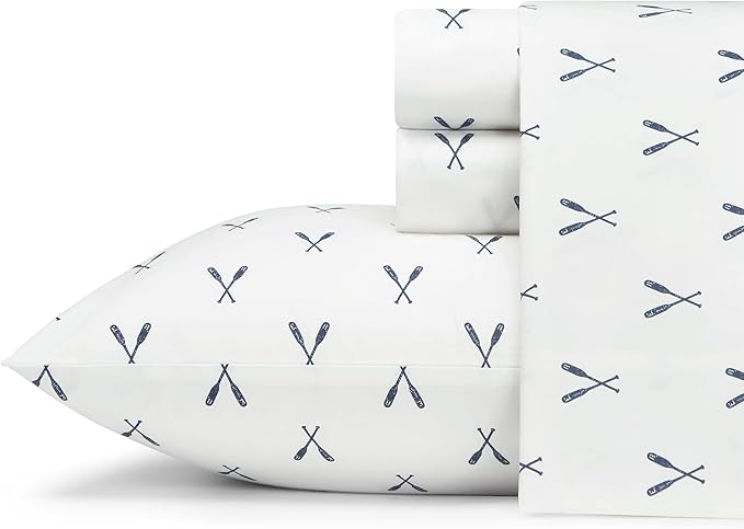 Eddie Bauer - Full Sheets, Cotton Percale Bedding Set, Crisp & Cool Home Decor, Dorm Room Essentials (Eddies Oar Blue, Full)